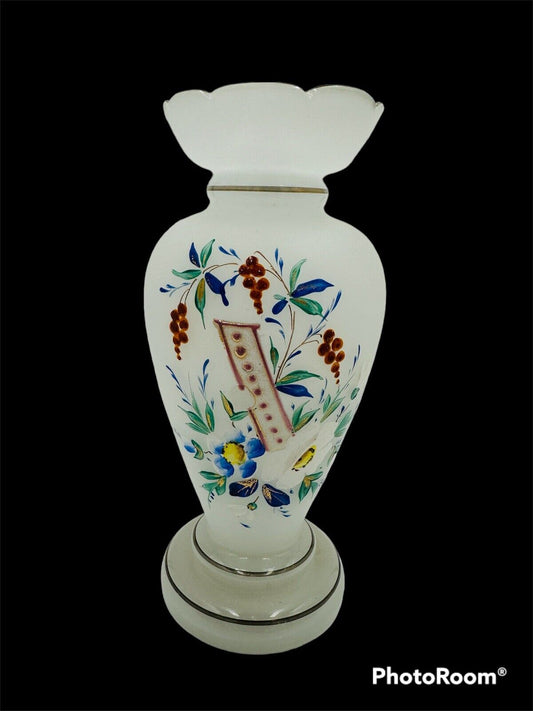 Victorian Bristol Vase Opaline Floral Hand Blown & Hand-Painted on White Decor