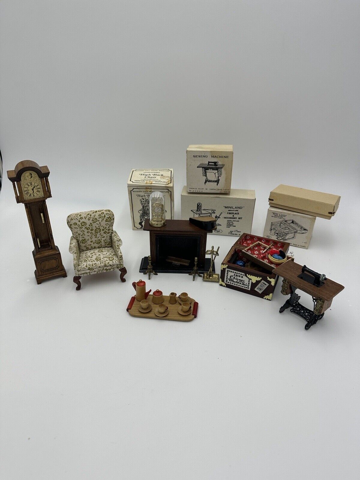 Dollhouse Furniture Clock Sewing Machine Land Chest Fireplace Chair Vintage Lot