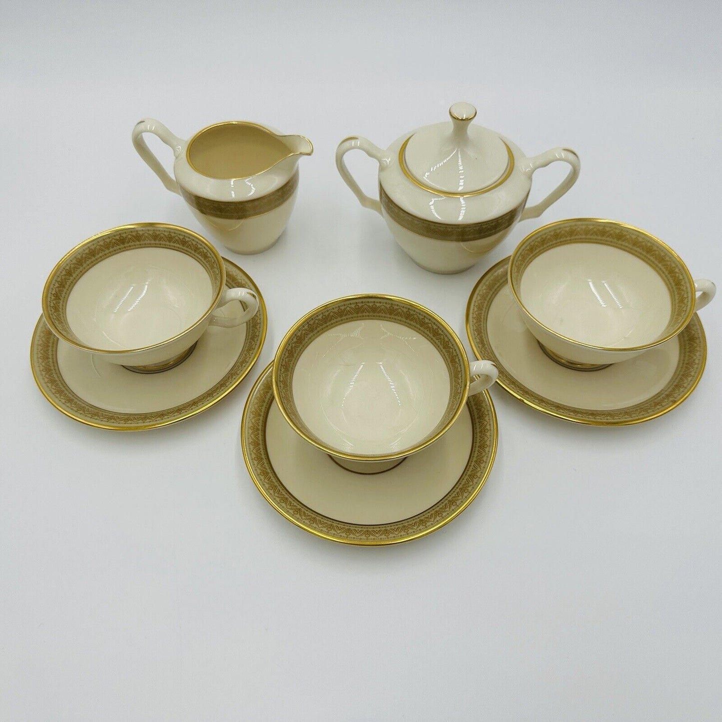 Lenox Porcelain Greenfield Cup & Saucer Creamer Sugar Bowl Lot 8 Pieces