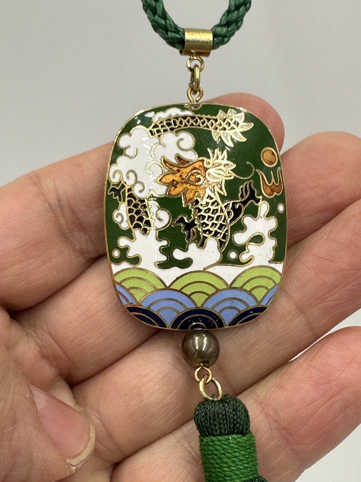 Tasseled Enamel Pendant Asian Dragon Design Necklace Gold Tone Vintage Green