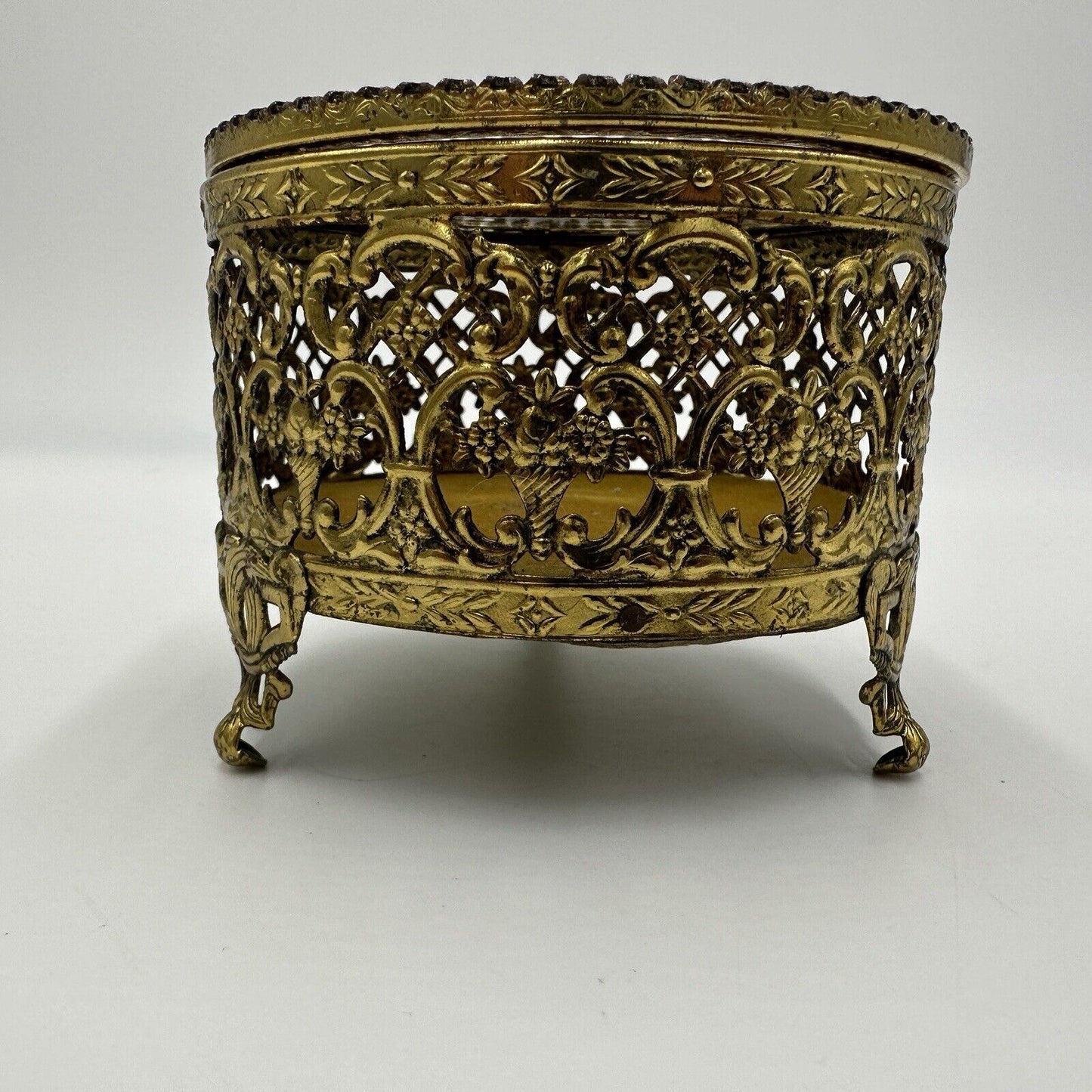 Hollywood Regency Jewelry Box Gold Tone Filigree Rose Ormolu 3.5 in Vintage