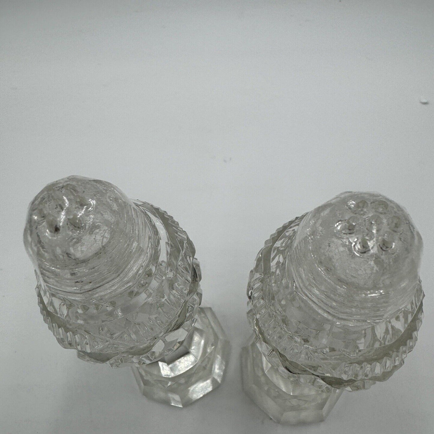Antique Bohemian Czech Cut Glass Pedestal Salt & Pepper Shakers 6”H