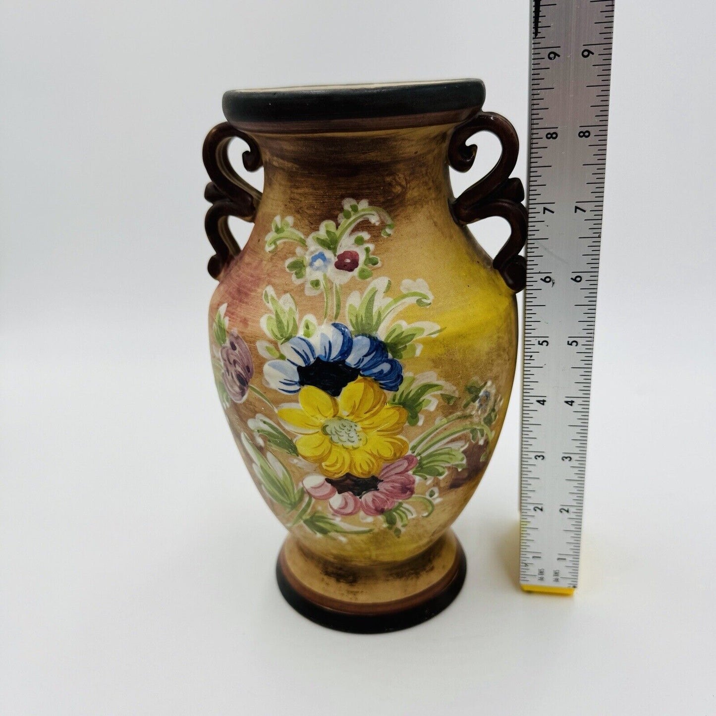 Vintage Italy Pottery Double Handle Hand Painted Floral Vase 11/281 Italy