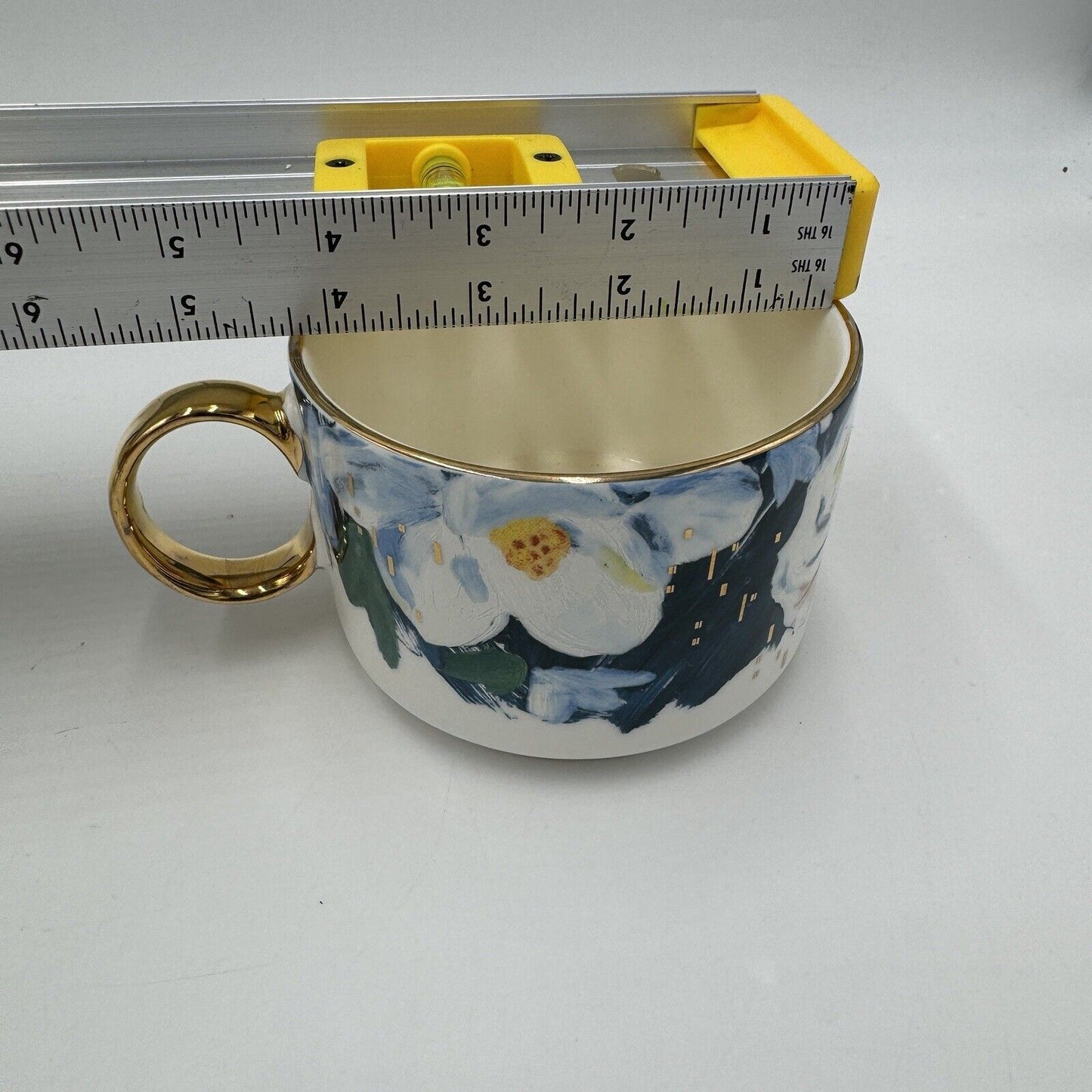 Anthropologie  Magnolia Flower with Gold Trim Ceramic Coffee Mug Floral