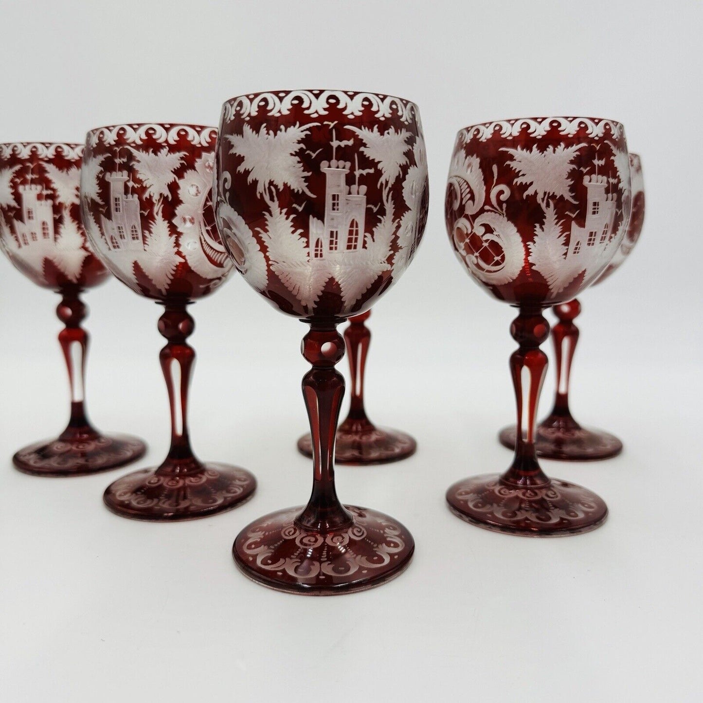 Vintage Bohemian Egermann Cut to Clear Ruby Red Wine Etched  glasses Set
