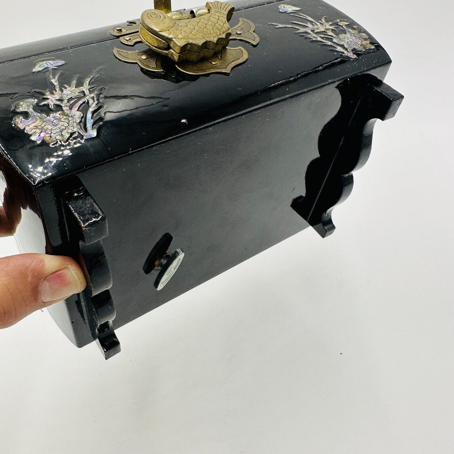 Black Lacquerware MOP Storks Decorated Asian Music Jewelry Box goldfish handle