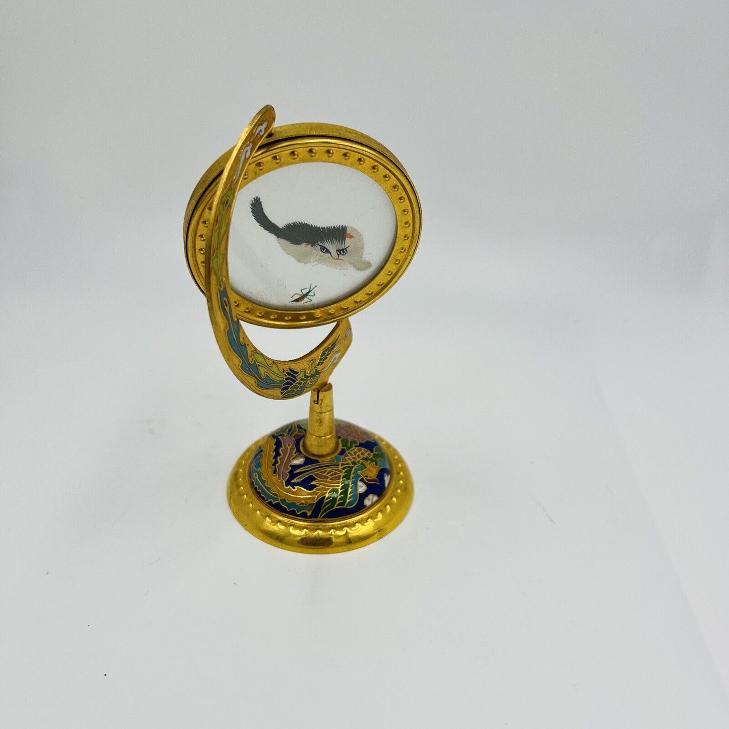 Chinese Cloisonné Cat Stand Brass Embroidered Silk Gold Tone